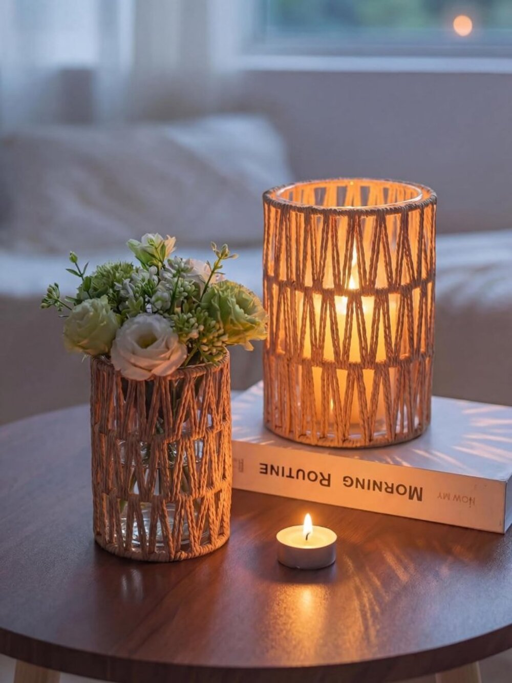 Set of 2 Boho Rattan Lanterns - Stylish Pillar Candle Holders with Glass